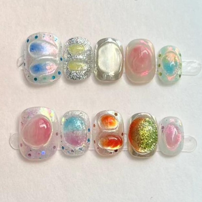 Nail Art Inspo - 10 قطعة لطيف قصير مستدير اليدوية